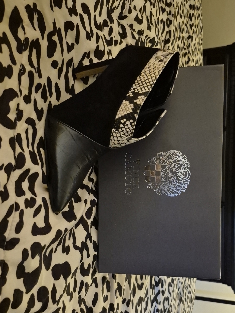 Vince Camuto Black Suede Pointed Toe Booties with Snake-Print Accent